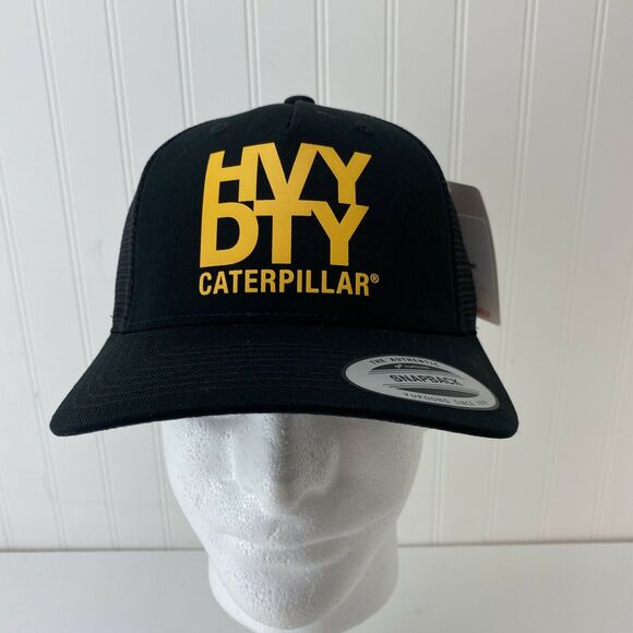 CAT Diesel Black Trucker Mesh Snapback Hat Yellow Vinyl HVY DTY Logo Heavy Duty - Picture 1 of 6